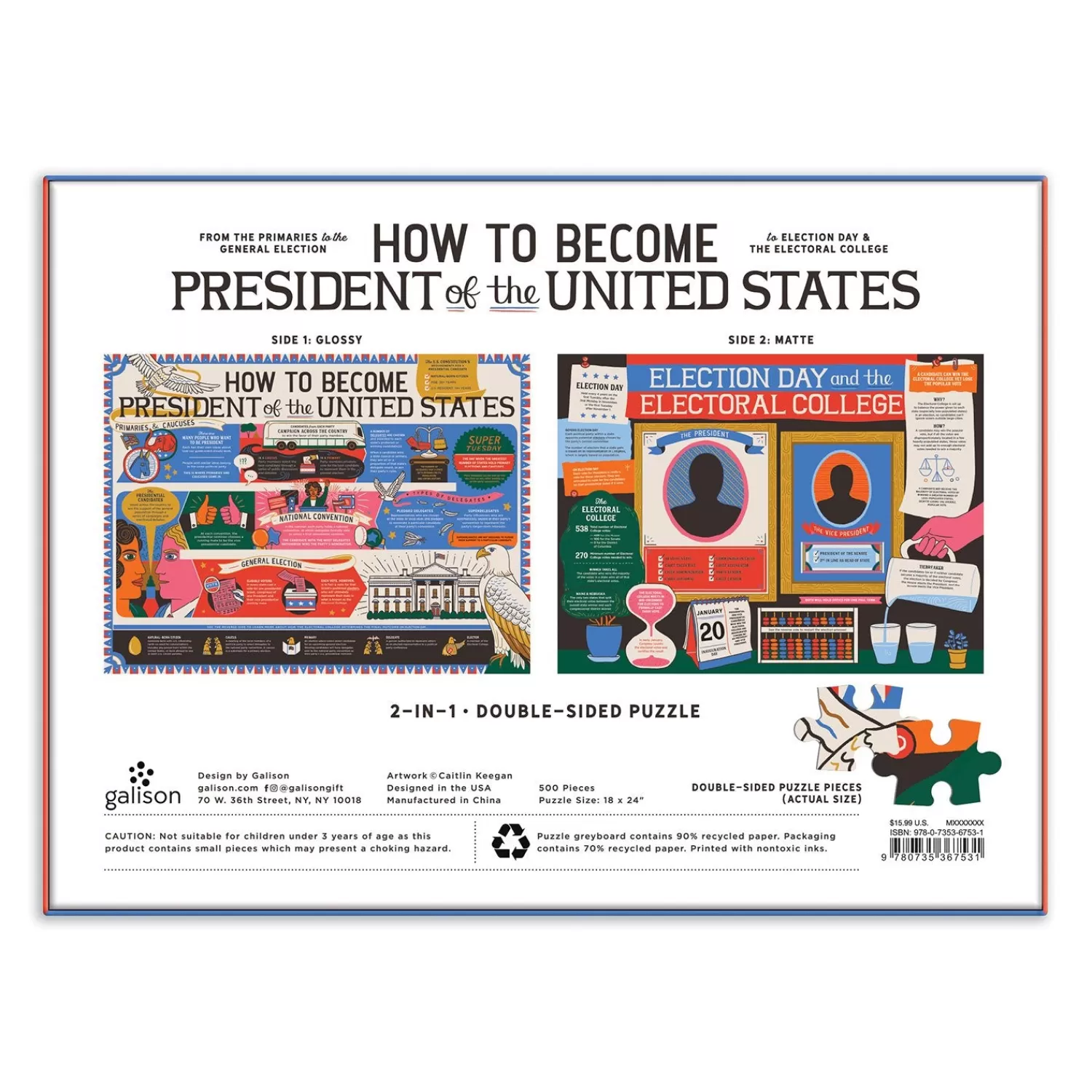 500 Piece Puzzles*Galison How To Become President Of The United States Double-Sided 500 Piece Jigsaw Puzzle